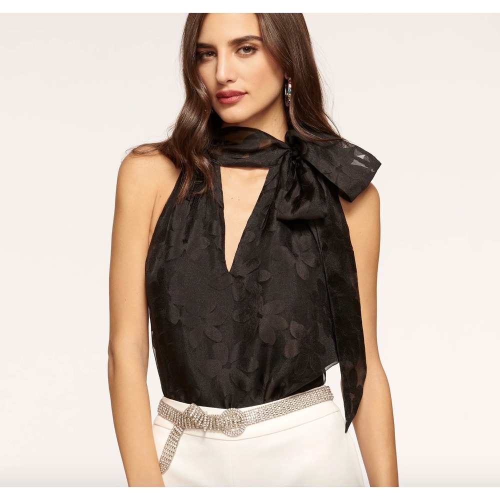 Ramy Brook Claudia Tie Neck Sleeveless Blouse Black Burnout Floral Bow 8